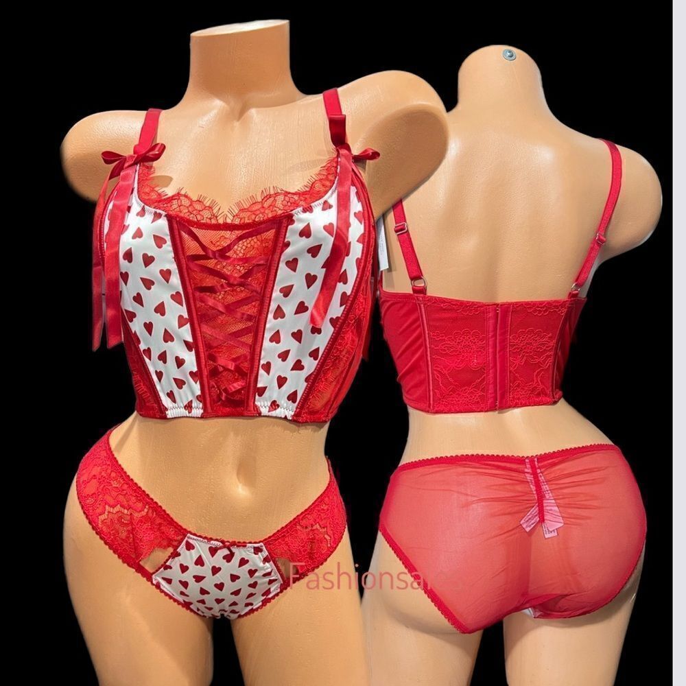 Victorias Secret Dream Angels Satin & lace Corset Bra & Cheekini Panty Hearts
